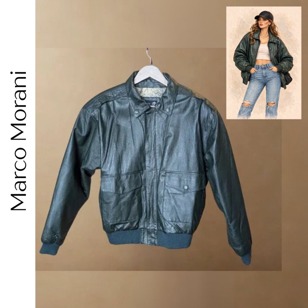 Marco Morani Genuine Leather Bomber Jacket | Dark Green | Size S